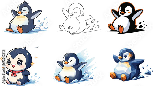 Cute cartoon penguin sliding on ice, funny baby penguin illustration, winter animal vector art, adorable penguin character drawing, children’s clipart design