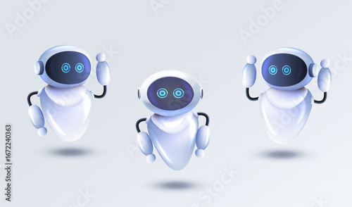 Three different character robots. Artificial intelligence futuristic 3d cartoon robots. Chat bot technology and science vector design. AI android.