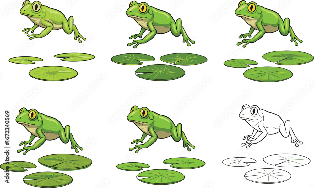 Naklejka premium Cartoon green frog with lily pads, pond animal illustration, cute amphibian clipart, jumping frog vector, wildlife nature drawing for kids