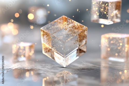 Sparkling Ice Cubes with Floating Glitter Magic in a Dreamy Environment, Perfect for Illustrating Refreshment, Celebration, and Winter Themes in Stock Photography