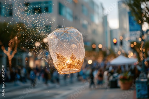 Sparkling Lantern Floating Above a Crowded Urban Street During Evening, Illuminating the Atmosphere with Warm Light and Creating a Festive Ambiance for Passersby