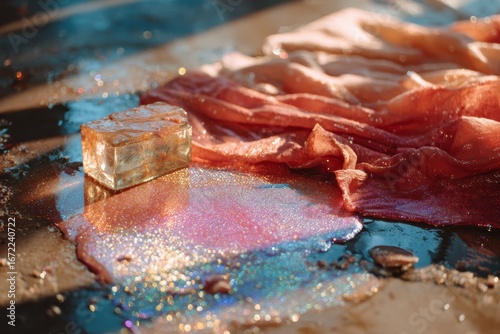 Sparkling Reflections of Colorful Textiles and a Crystal Block Glimmering on a Wet Surface Captured in Soft Natural Light During a Creative Still Life Session