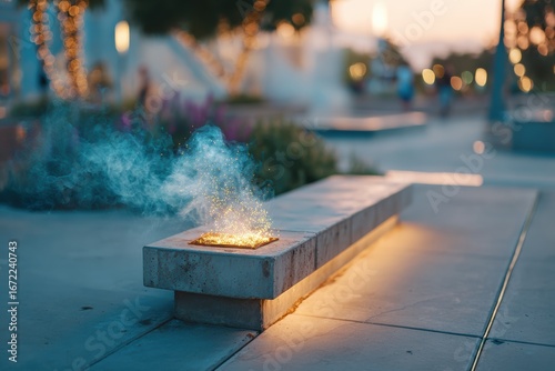 Sparkling Smoke Emanating from a Stone Bench in a Softly Lit Urban Park at Dusk with Blurred People Walking in the Background and Trees Glimmering