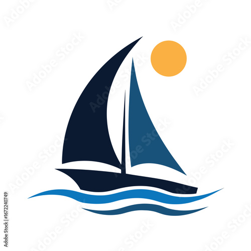 Dark blue and light blue sailboat sailing on wavy blue water under orange sun ocean