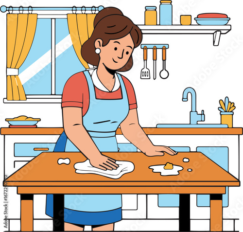 Illustration of a housewife cleaning a table surface	