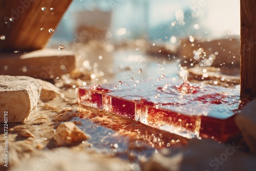 Sparkling Water Droplets Splashing on Vibrant Red Surface Surrounded by Natural Elements in Warm Golden Light, Capturing the Beauty of Nature's Serenity