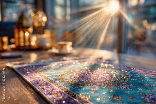 Sparkling Textile with Colorful Patterns and Soft Sunlight During Golden Hour in a Cozy Setup with Decorative Accessories and Warm Ambiance
