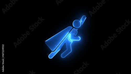 Blue Neon Stick Figure Superhero Flying with Cape image photo
