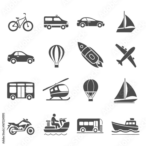 16 Travel and transport symbols, Monochrome vector icons for mobility, adventure and navigation.