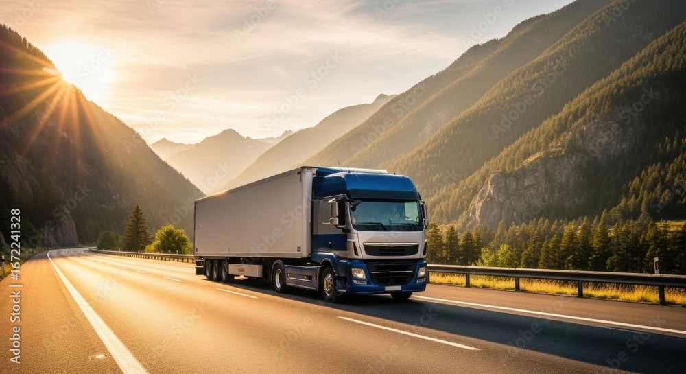 Obraz premium A large truck travels a scenic mountain highway at sunset.