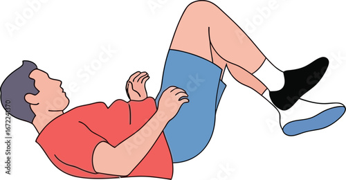 A stylized illustration of a man lying on his back, legs raised, in a relaxed or stretching position.