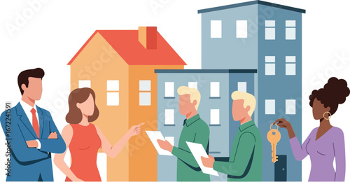 Real estate agents discussing property options with potential buyers in front of various housing types.