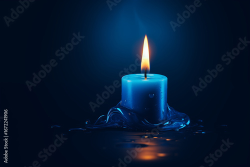 Blue candles lit separately on a dark blue background.