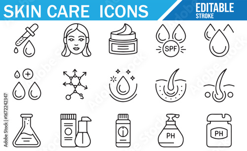 Set of Editable Stroke Icons Representing Beauty, Moisturizing, and Skin Protection