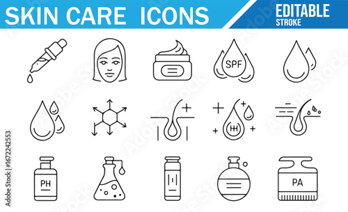 Line Art Icons Representing Skin Care Products Like Moisturizers, Serums, and SPF