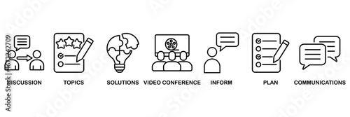 Meeting icon set vector illustration concept for business meeting and discussion with communications, topics, solutions, plan, inform and video conference icon