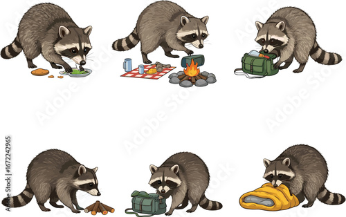 Cute raccoon camping cartoon set with food, backpack, campfire, picnic blanket and sleeping bag, funny forest wildlife animal illustration