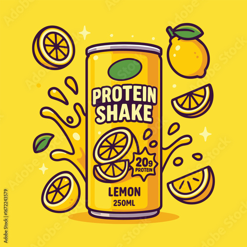 Lemon protein shake can with exploded lemon vector illustration