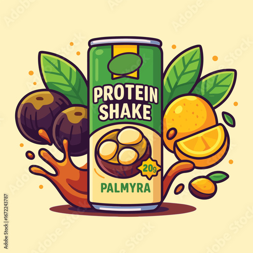 Palmyra protein shake can with exploded palmyra vector illustration