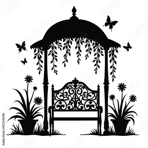 Black silhouette garden gazebo with bench and butterflies