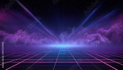 Futuristic grid landscape beneath a starry night