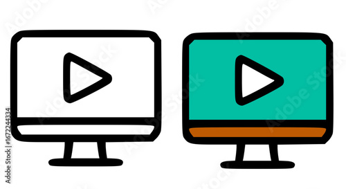 Two computer monitors displaying a video play button, one black and white, the other colored.