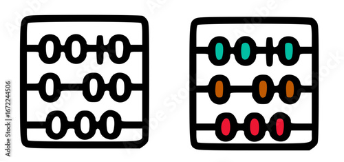 Two outlined abacuses with different colored beads, showcasing basic arithmetic calculation tools.