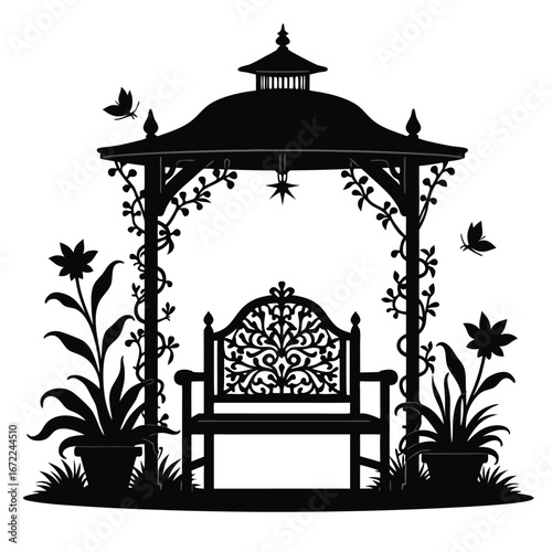 Black silhouette of a garden gazebo with a bench and flowers