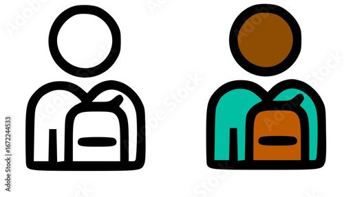 Two simple line art figures of students, one light-skinned and one dark-skinned, both carrying backpacks.