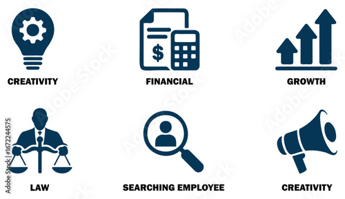 Business concept icons representing creativity, financial growth and law, employee search and marketing symbols, corporate strategy elements, success and development design