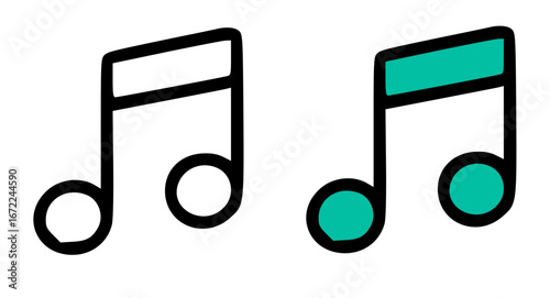 Two stylized musical notes, one black and white, the other teal.