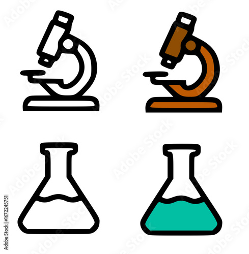 Two variations of a microscope and two variations of a flask, in black and white, and color, representing scientific tools.