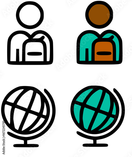 Simple, outlined icons of people and a globe, representing education and global reach.