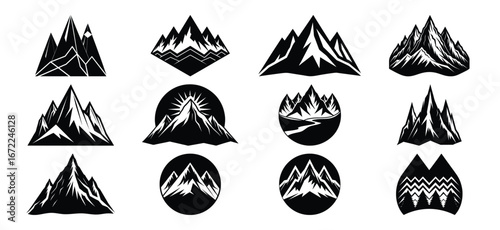 Collection of Mountain Peaks and Landscapes in Black and White Vector Illustrations