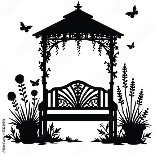 Black silhouette of a garden gazebo with bench and butterflies 10