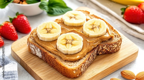 Wallpaper Mural Healthy toast with peanut butter, banana slices, and strawberries on a wooden board. Torontodigital.ca