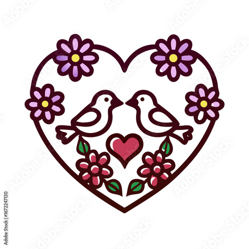 Valentine Flowers with Birds Heart Shape Frame ,vector icon