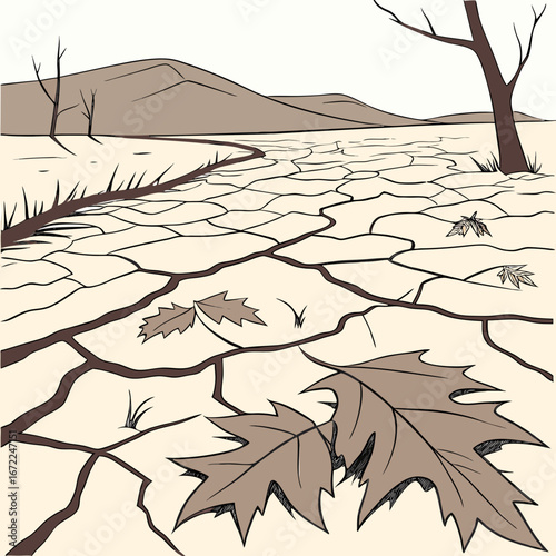 Illustration of a drought landscape with cracked soil, dead trees, and mountains in the background, depicting the effects of climate change and arid conditions