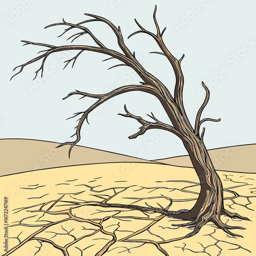 Illustration of a dry, bare tree in a cracked desert landscape, symbolizing drought, climate change, and the impact of global warming on the environment