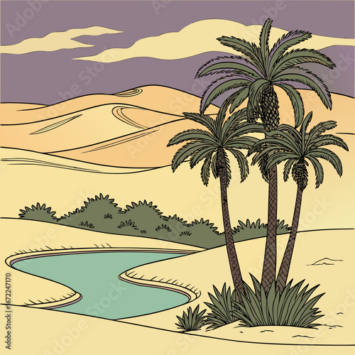 Illustration of a desert oasis with palm trees and a serene water source, capturing the essence of arid landscapes and the beauty of nature