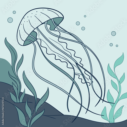 Illustration of a jellyfish swimming in the ocean with seaweed, showcasing the beauty of marine life and the wonders of the underwater world