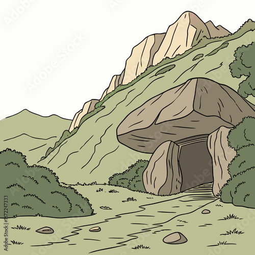 Illustration of a mountain cave entrance in a scenic landscape, inviting exploration and adventure in the heart of natures beauty