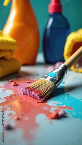 A paintbrush, meticulously cleaned, rests amidst household cleaning supplies; a whimsical juxtaposition of art and chores ,  domestic,  brush,  art supplies