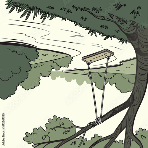 Illustration of a tree swing hanging from a branch overlooking a river, capturing the essence of nature and peaceful outdoor recreation