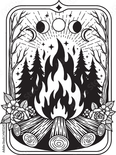 Occult Bonfire Illustration with Esoteric Forest Motif