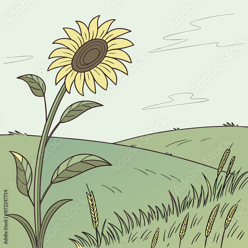 Vector art of a captivating sunflower stands tall in a serene field, basking in the warm sunlight, with a picturesque landscape stretching towards the horizon