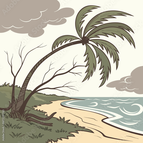 Vector art of a cartoon illustration of a palm tree bending over a sandy beach with waves and stormy clouds, conveying a sense of tropical weather and coastal landscape