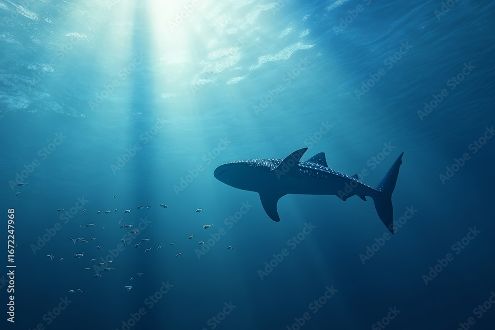 Obraz premium Majestic whale shark swimming in sunlit ocean depths