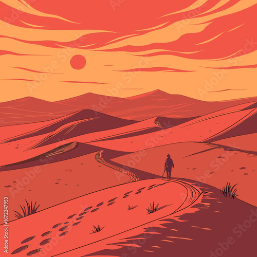 Vector art of a lone man walking through the desert dunes at sunset, leaving footprints in the sand, capturing the essence of adventure and solitude