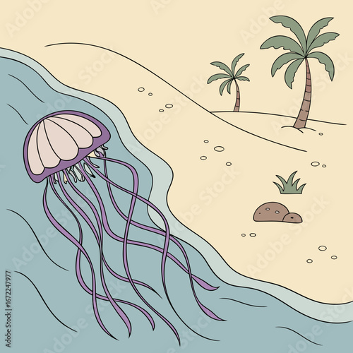 Vector art of a jellyfish floats near the shore with palm trees on the beach, evoking a tropical and relaxing summer vacation scene in a cartoon style